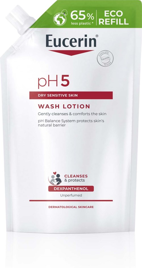Refillzak voor Eucerin wash lotion, 65% minder plastic, geschikt voor droge gevoelige huid, met pH 5, bevat dexpanthenol.