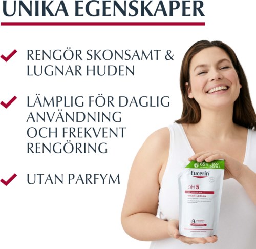 Tekst benadrukt huidvoordelen, dagelijks gebruik en geurvrij. Een lachende vrouw houdt een lotionfles voor.