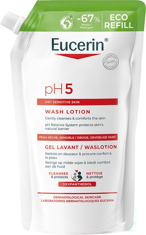 Eucerin pH5 waslotion voor gevoelige huid, in een groene en witte pouch, beschermt en reinigt de huid.