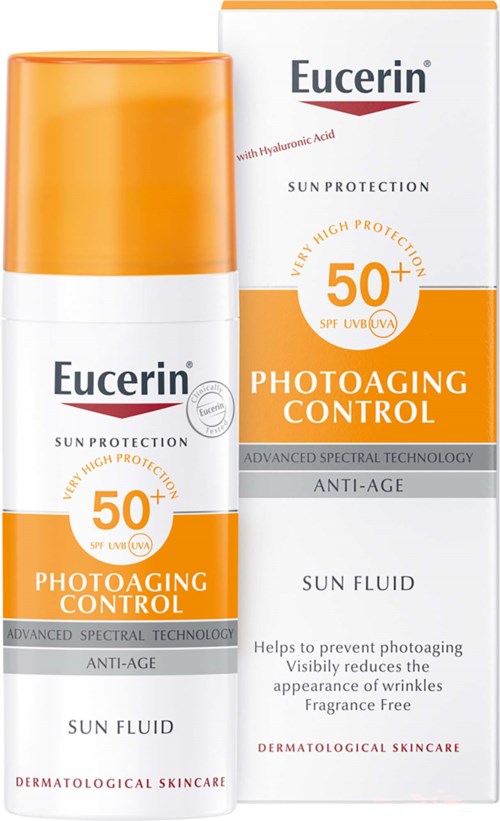 Eucerin Sonnenschutz mit SPF 50+, Anti-Age und Photoaging Kontrolle, in Spray und Verpackung, für Hautpflege.
