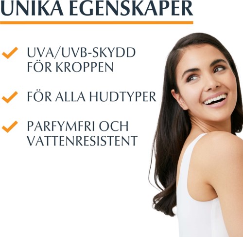 Text hebt den Hautschutz hervor, geeignet für alle Hauttypen, parfumfrei und wasserfest.