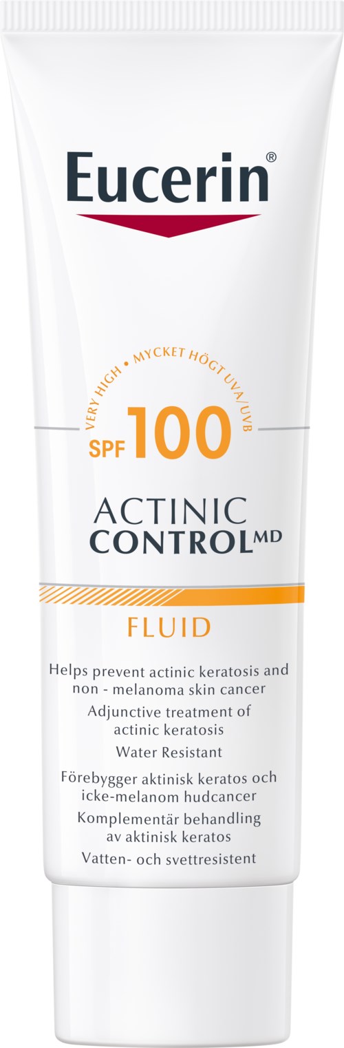 Eine weiße Tube Eucerin Sonnencreme mit SPF 100, für Akne Kontrolle, wasserfest, hilft bei Hautproblemen.