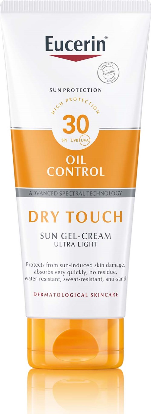 Eucerin zonbeschermende zonnecrème voor droge huid, oliecontrole, SPF 30, beschermt tegen zonneschade.