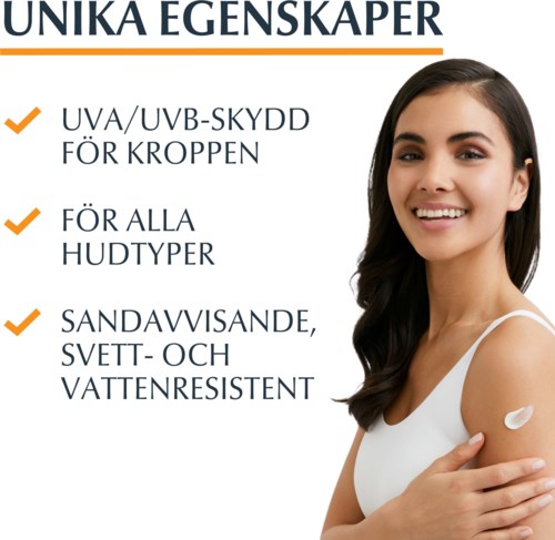 Tekst lijsten met huidbescherming voordelen met een lachende vrouw en een kleine huidverzorgingscrème.