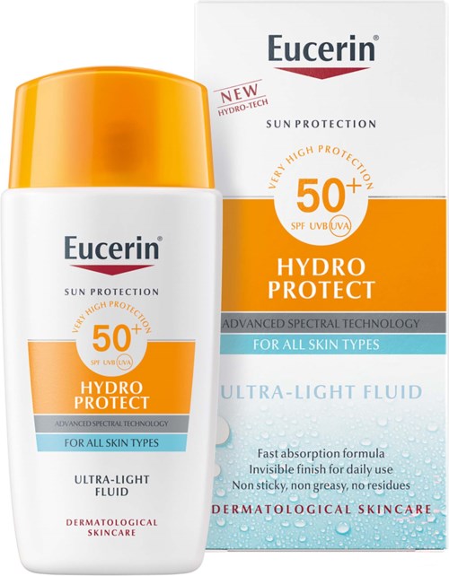 Eucerin Hydro Protect zonnebrandcrème met SPF 50+ in wit en oranje fles, geschikt voor alle huidtypes.