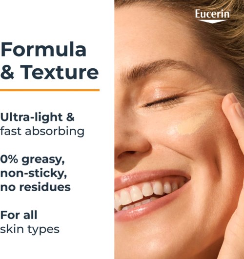Eucerin productkenmerken: licht, snel absorberend, niet vet, geschikt voor alle huidtypes.