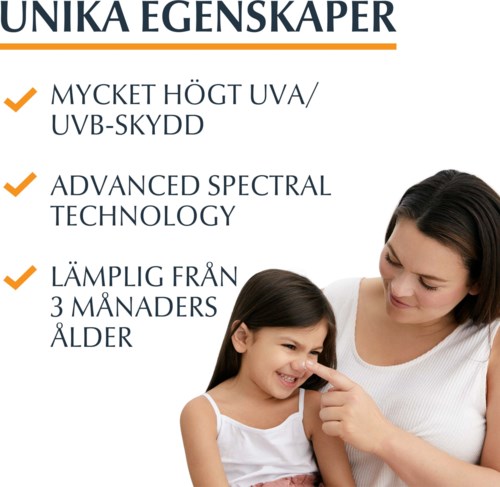 Text in Swedish listing skin protection features, with a woman and girl smiling, touching her nose.