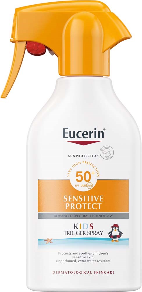 Eine weiße Sprühflasche mit gelbem Sprühkopf, gekennzeichnet Eucerin Sensitive Protect SPF 50+ für Kinder.