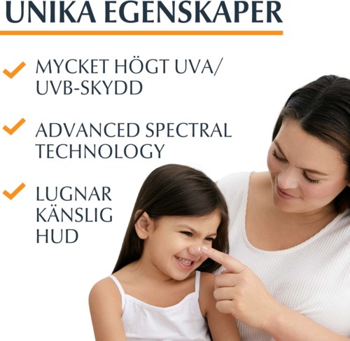 Text hebt Hautvorteile hervor: hoher UV-Schutz, fortschrittliche Spektraltechnologie, sanft zur Haut. Illustration zeigt eine Frau und ein Mädchen, die lächeln.