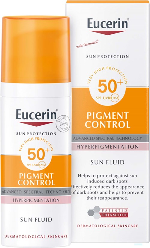 Eucerin Pigment Control zonnebrandfles en doos met SPF 50+ tegen hyperpigmentatie van de huid.