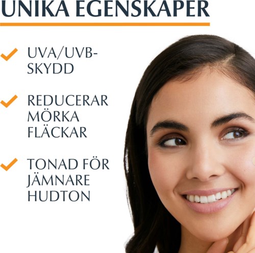 Lijst met unieke eigenschappen: UV-bescherming, vermindert donkere vlekken, egaliseert de huid.