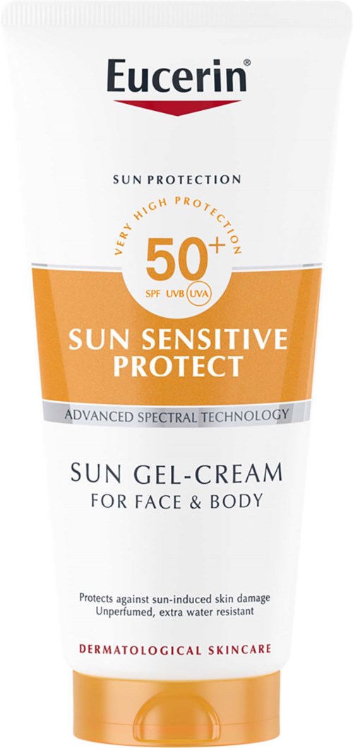 Een witte en oranje zonnebrandcrème tube met Eucerin Sun Sensitive Protect SPF 50+ voor gezicht en lichaam.