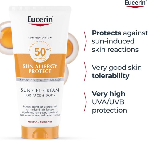 Eucerin zonnenschutz biedt bescherming tegen zonreacties, zeer goede tolerantie en hoge UVA/UVB-bescherming.