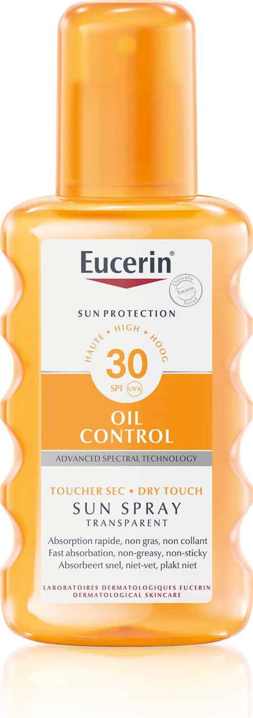 Orangene Flasche Eucerin Öl-Kontrolle Sonnenspray mit SPF 30 für trockene Haut. Es ist transparent und für Sonnenschutz.