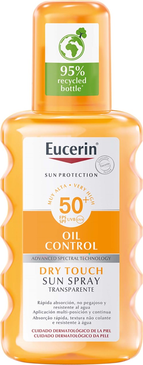 Sprühflasche von Eucerin mit Sonnencreme SPF 50, Öl-Kontrolle, wiederverwendbare Flasche.