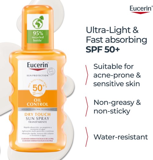 Sonnencreme-Sprühflasche mit SPF 50+ für ölige, akneanfällige und empfindliche Haut, wasserfest und nicht klebrig.