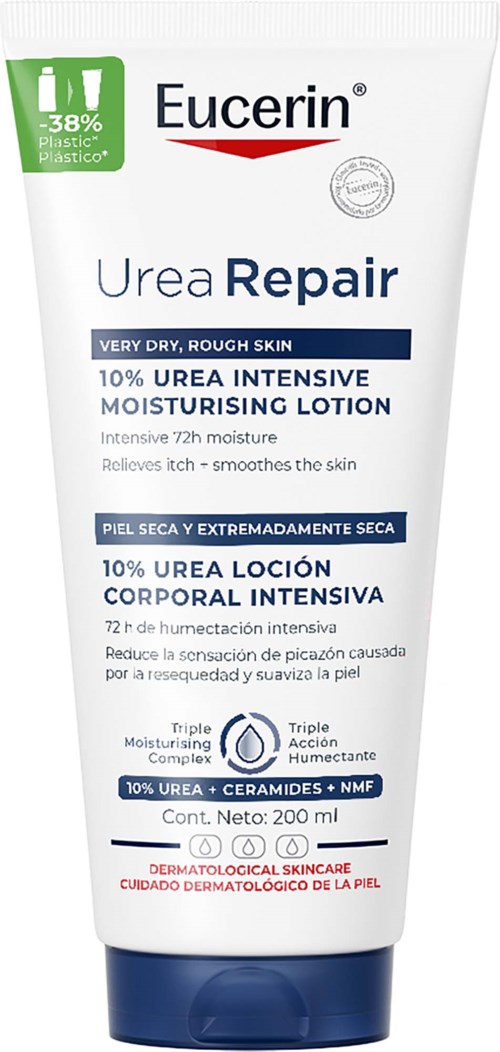 Eucerin Urea Repair kosteusvoide, valkoinen pakkauksessa sinisellä kannella, sisältää 10% ureaa kuivalle iholle.