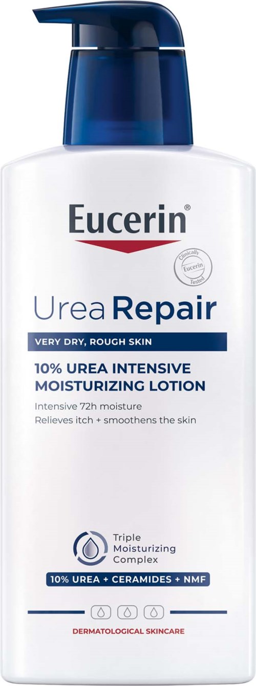Eine weiße Flasche mit blauer Pumpe, Marke Eucerin Urea Repair, für sehr trockene, raue Haut, hilft, die Haut zu befeuchten und zu glätten.