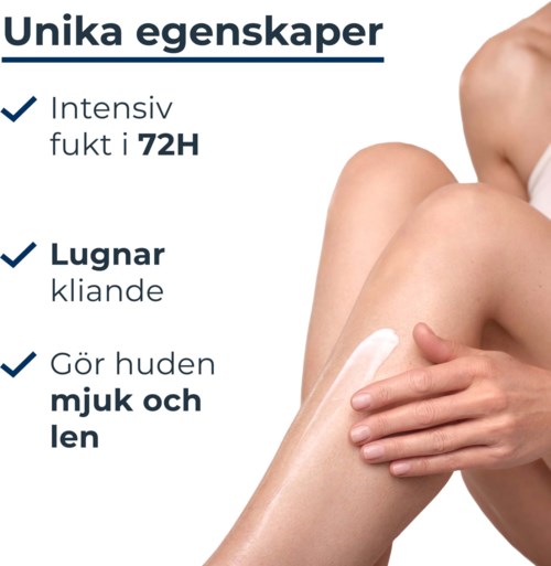 Textlisten zu Hautpflege: intensive Feuchtigkeit, beruhigend, macht die Haut weich und glatt. Zeigt das Auftragen von Lotion auf das Bein.