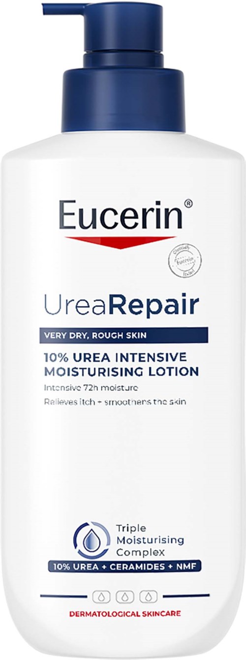 Valkoinen Eucerin Urea Repair tuotesivu, jossa sininen pumppu ja etiketti erittäin kuivan, karkean ihon kosteuttamiseen.