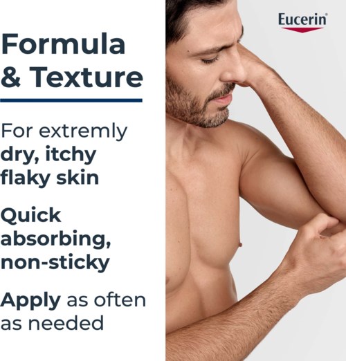 Eucerin-logo ja ihonhoitovinkkejä kuivalle, kutisevalle, hilseilevälle iholle miehellä.