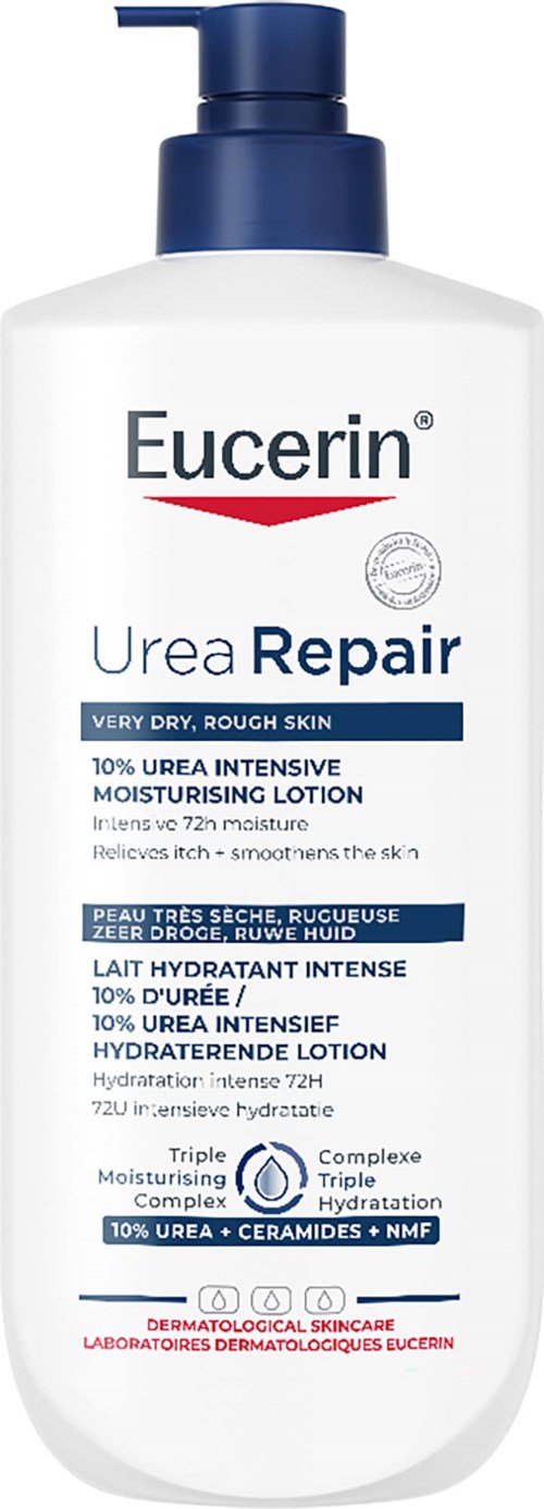 Valkoinen pullo Eucerin Urea Repair -voiteesta, sininen pumppu, erittäin kuiva, karkea iho, 10% ureaa ja kosteuttavat aineet.