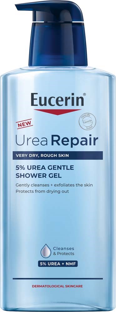 Eine blaue Flasche mit Pumpe, gekennzeichnet als Eucerin Urea Repair Duschgel für sehr trockene, raue Haut.
