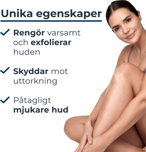 Textanzeige mit Vorteilen für die Hautpflege: reinigt, exfoliert, schützt und macht die Haut weich. Zeigt eine lächelnde Frau.