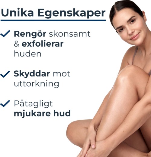 Das Bild listet Hautvorteile auf: reinigt, exfoliert, schützt und macht die Haut weicher.