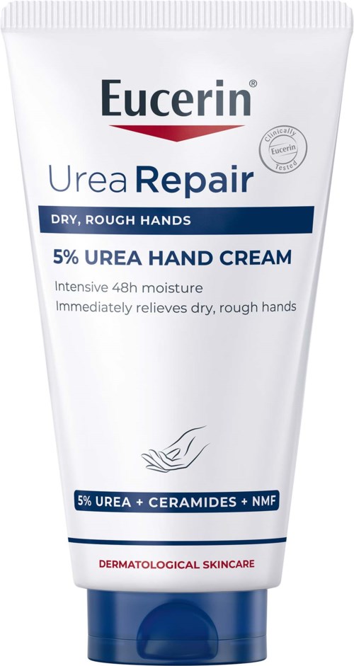 Eucerin Urea Repair Handcrème voor droge, ruwe handen, bevat 5% ureum, biedt vocht en verlicht droogte.