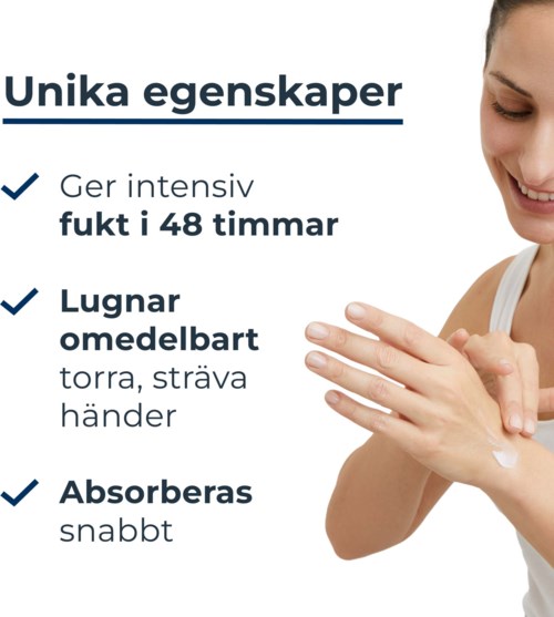 Huidverzorgingsproduct: geeft intensieve hydratatie voor 48 uur, kalmeert droge handen, trekt snel in.