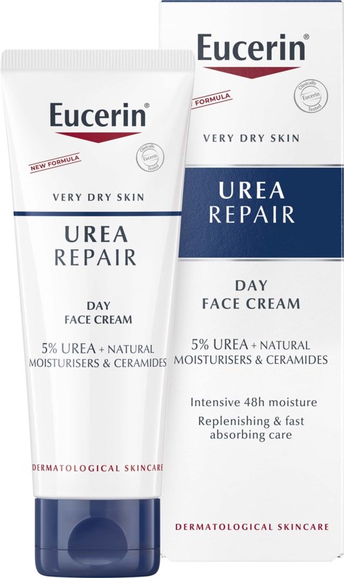 Tube en doos met Eucerin Urea Repair dagcrème voor zeer droge huid. Bevat 5% Urea, hydraterende stoffen en ceramides.