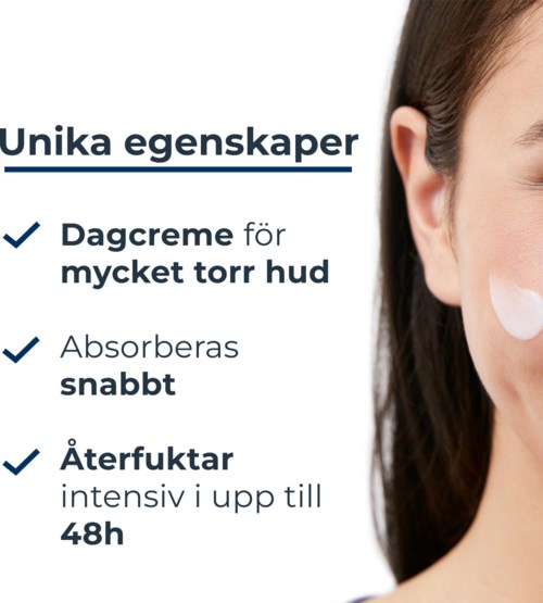 Tekstbanner die voordelen van huidverzorgingsproduct uitlegt: hydrateert droge huid, wordt snel opgenomen, duurt tot 48 uur.