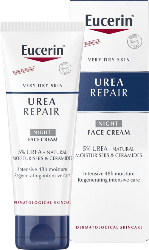 Eucerin Urea Repair Night Face Cream voor zeer droge huid met 5% urea, hydrateerders en ceramiden, verzorgt 48 uur hydratatie.