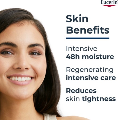 Eucerin-logo rechtsboven, een lachende vrouw met een schone huid, tekst over huidvoordelen en vocht.