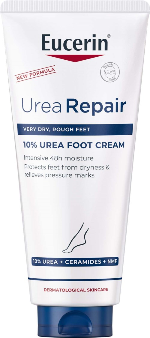 Eine weiße Tube mit blauer und roter Schrift für Eucerin Urea Repair Fußcreme, für sehr trockene, raue Füße.
