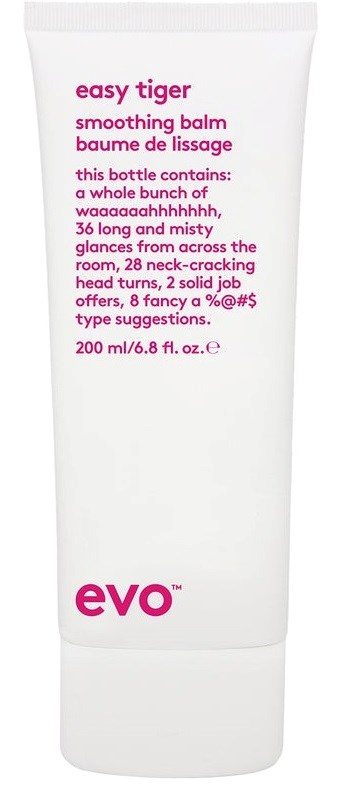 A white tube labeled 'easy tiger smoothing balm' with pink text and the brand name 'evo' at the bottom.