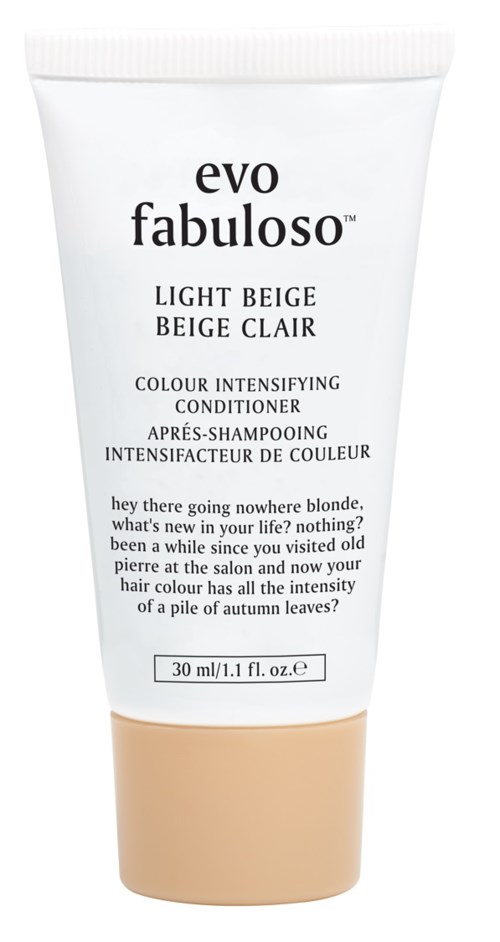 A white tube of Evo Fabuloso light beige conditioner with black and light beige text.