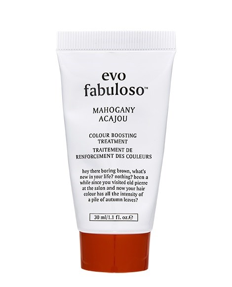 A white tube with a red cap, labeled 'evo fabuloso' and 'Mahogany Acajou', mentioning color boosting treatment and 30 ml/1.1 fl oz.