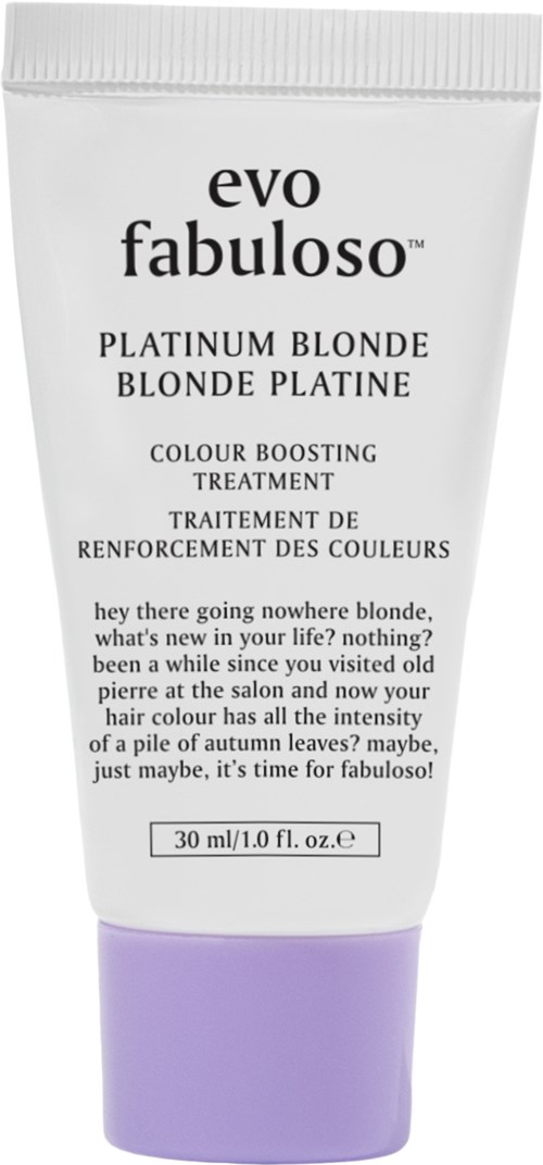 A white tube of hair color treatment with a purple lid, labeled "eva fabuloso" and "platinum blonde".