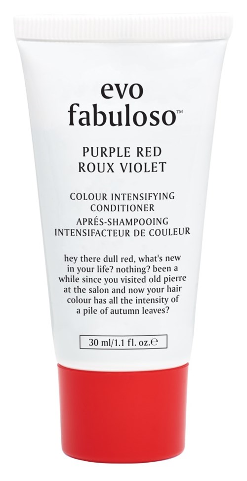 A white tube with a red cap, labeled 'Evo Fabuloso Purple Red Roux Violet', for hair color treatment.