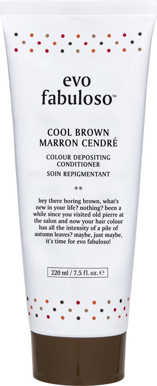 A white tube of hair color with brown bottom, titled 'Cool Brown', with small red and black dots, and text about hair color.