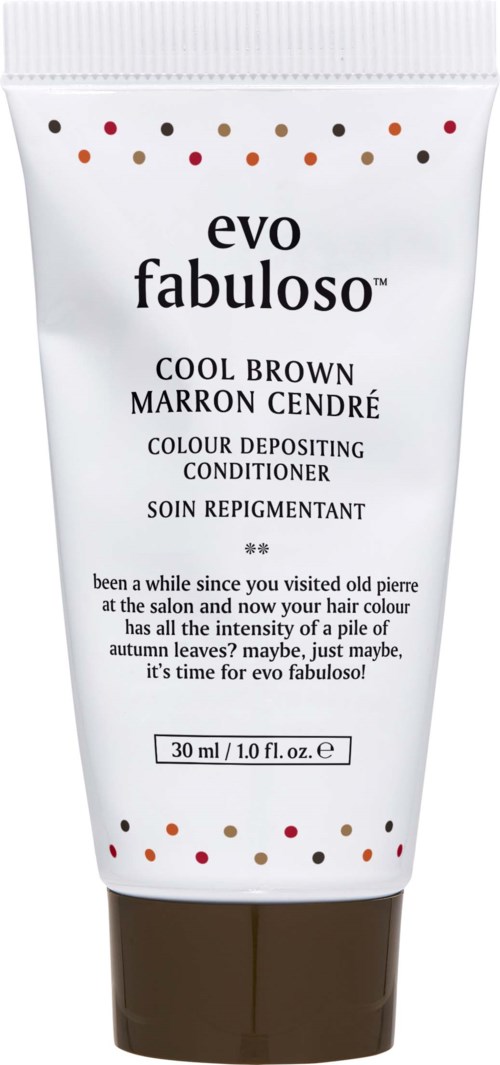 A white tube with black and brown text, small colorful dots, and a dark brown cap, labeled "evo fabulo" and describes hair conditioner.