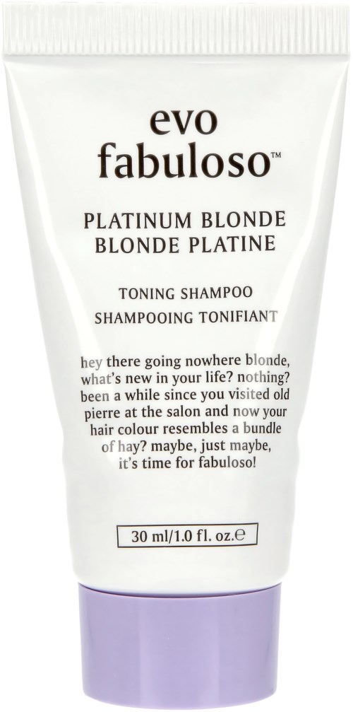 Valkoinen putki evo fabuloso Platinum Blonde ehostava shampoopullo, jossa on violetti korkki ja musta teksti.