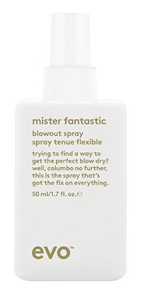 A white spray bottle labeled 'mister fantastic' and 'evo', with text about fixing blow-dry hair.