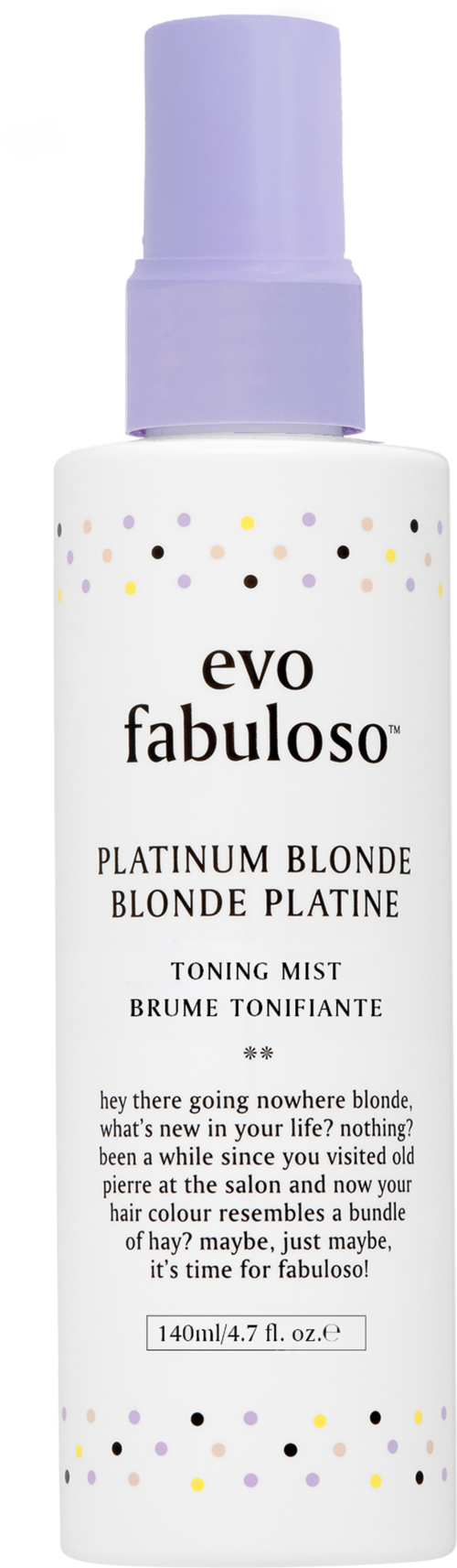 Eine weiße Flasche mit lila Sprühkopf, beschriftet "evo fabuloso" für Haare, mit bunten Punkten auf dem Etikett.