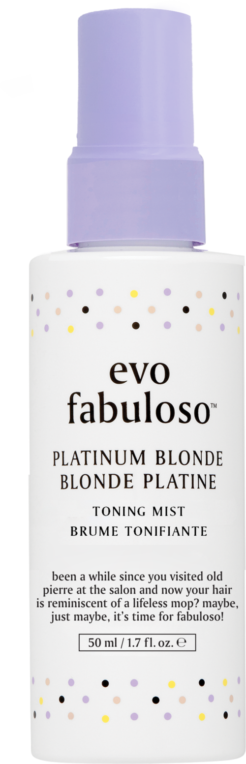 Eine weiße Sprühflasche mit lila Deckel, beschriftet mit 'evo fabuloso' und 'Platinum Blonde Toning Mist.'