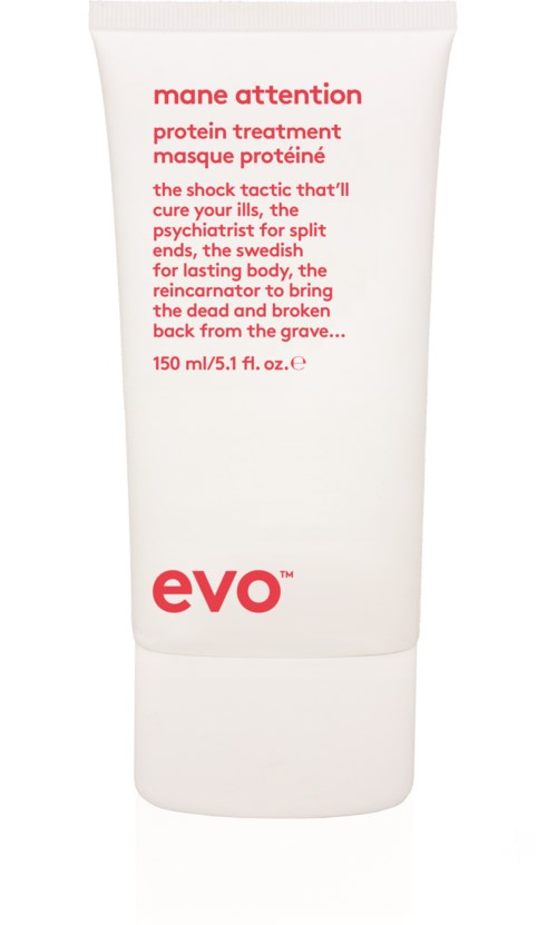 En hvit tube med hårpleieprodukt med rød tekst, merket 'evo' og beskrivelse av beroligende hodebunn.