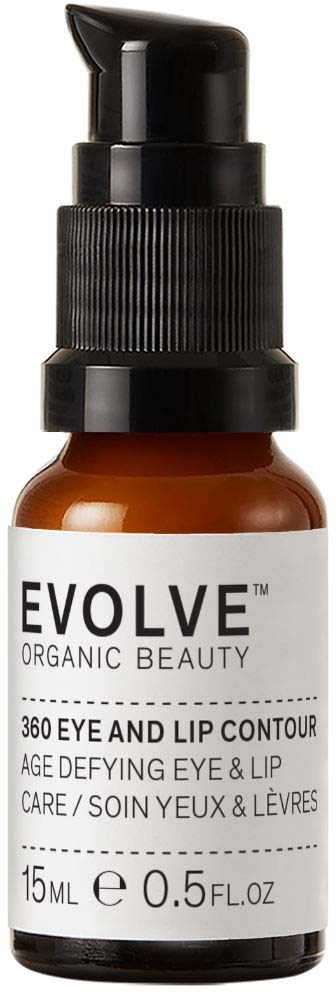 Eine kleine braune Flasche mit schwarzem Pumpkopf, gekennzeichnet mit 'EVOLVE Organic Beauty 360 Eye and Lip Contour,' enthält 15 ml Produkt.