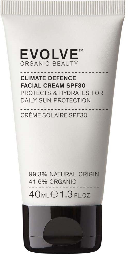 Valkoinen voideputkilto kasvoille, merkiltä Evolve Organic Beauty, SPF30, suojaa auringolta ja kosteuttaa.